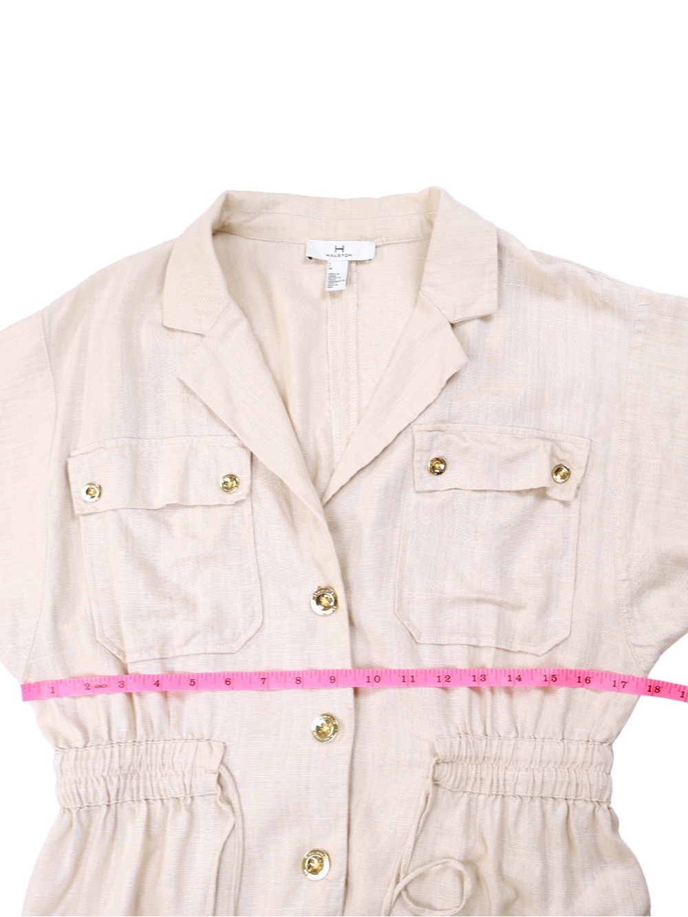 Halston Heritage Beige Utility Safari Top Small Linen Blend Gold Button Shirt - Picture 4 of 8
